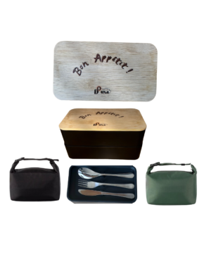 Lunchbox organisee | couverts | sac isotherme 3 compartiments adaptés à un plat standard, avec couverts en inox, micro-ondes, sac isotherme et signature Douxa “Bon appétit”