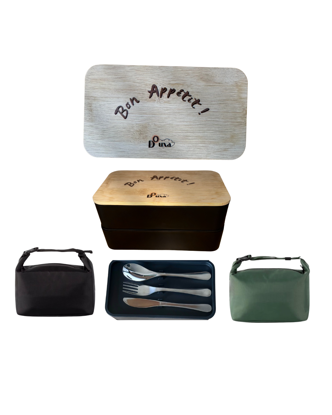 Lunchbox organisee | couverts | sac isotherme 3 compartiments adaptés à un plat standard, avec couverts en inox, micro-ondes, sac isotherme et signature Douxa “Bon appétit”